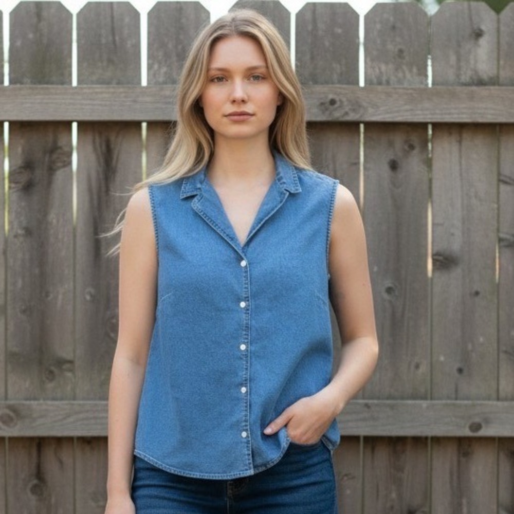 Gap Womens XL Blue Denim Sleeveless Button Down Stretch Shirt Medium Wash